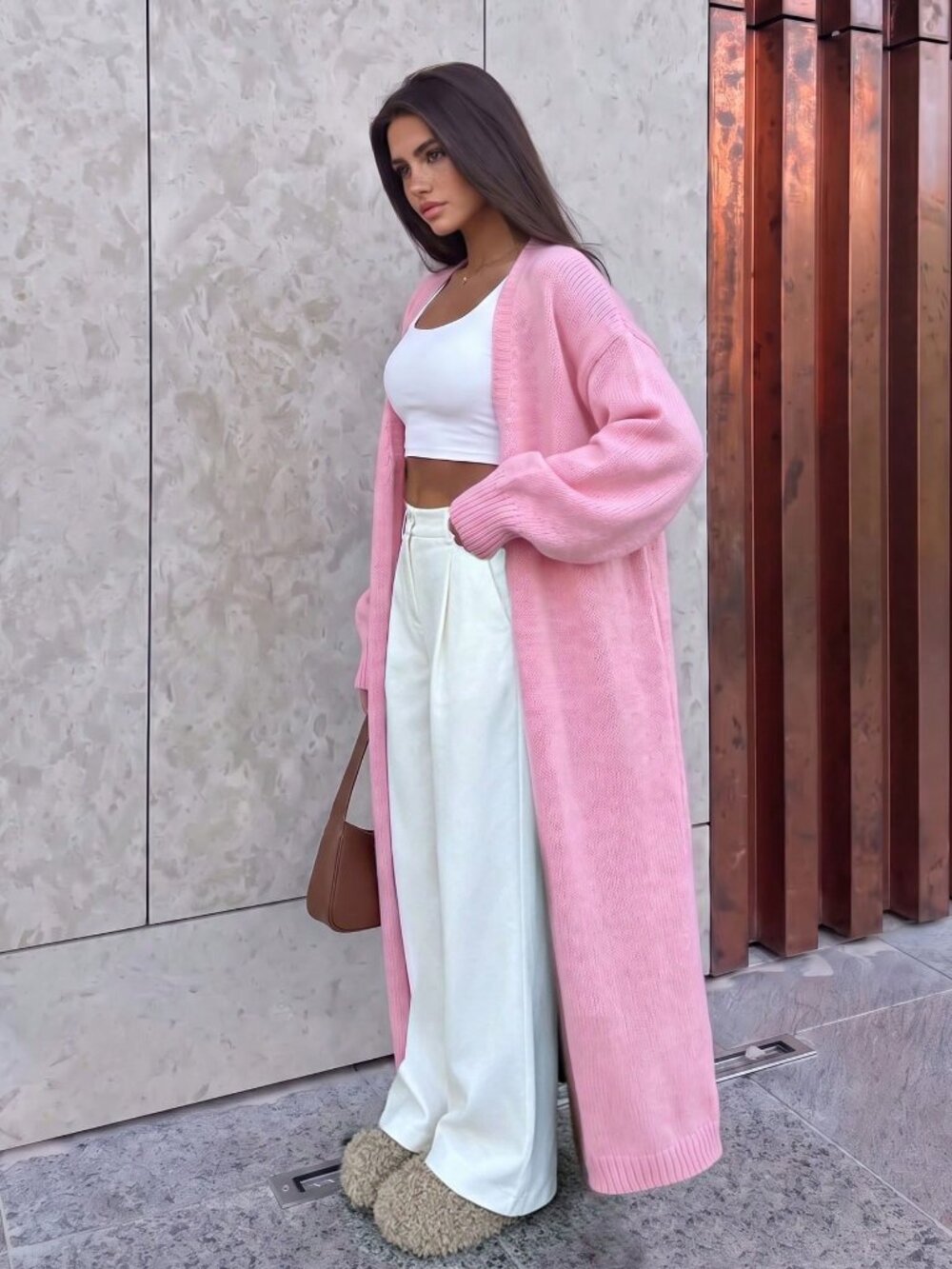 Pink Casual Women's Loose Long open front sweater cardigan